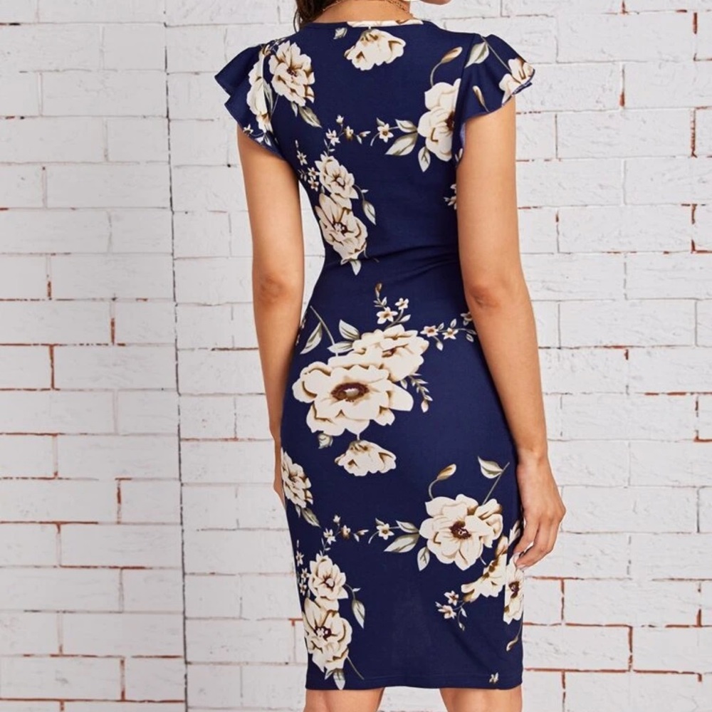 Ruffle sleeve v neck bodycon blue dress floral - Picture 2 of 3